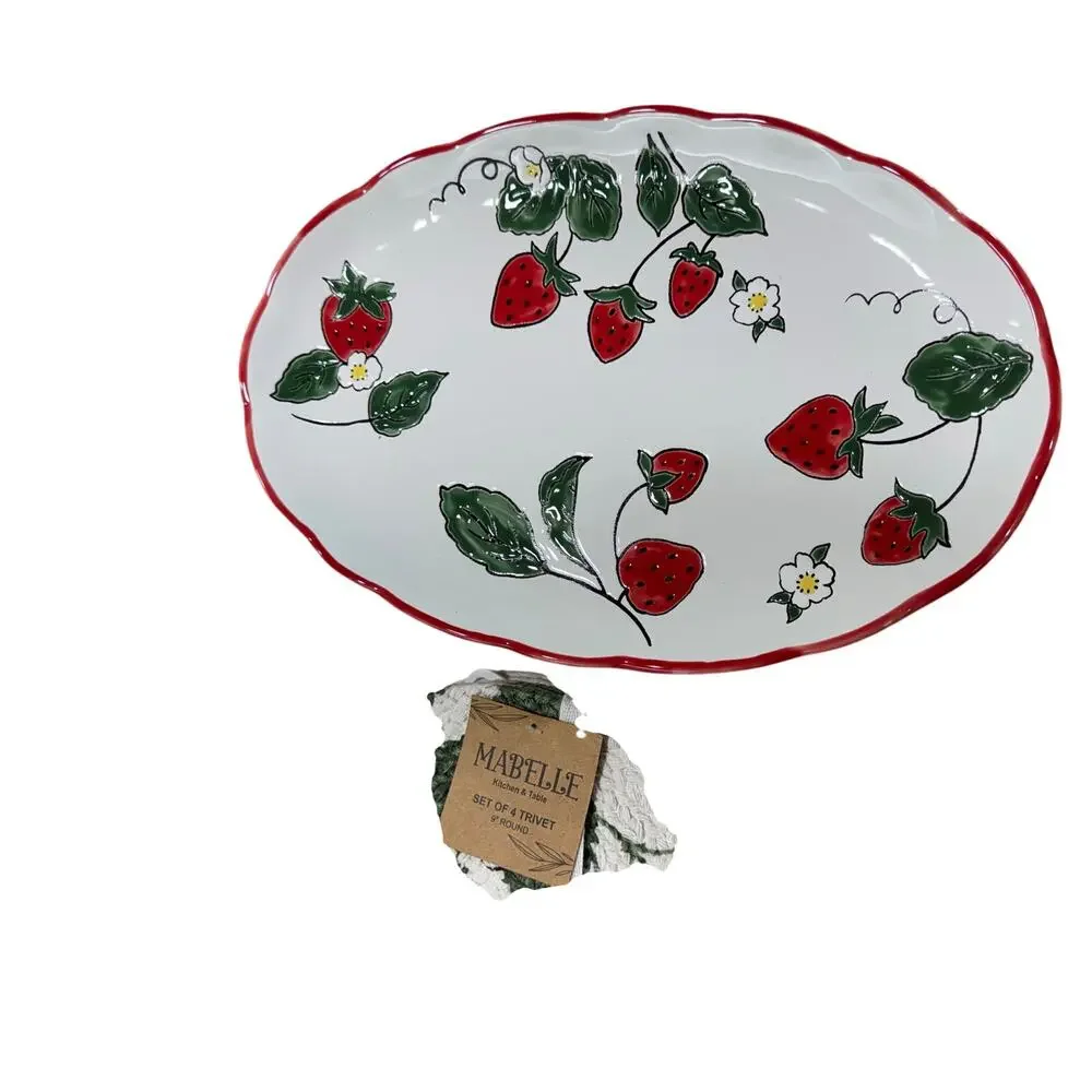 Mabelle Kitchen & Table Strawberry Ceramic Platter 4 Trivets 8 Placemats Set